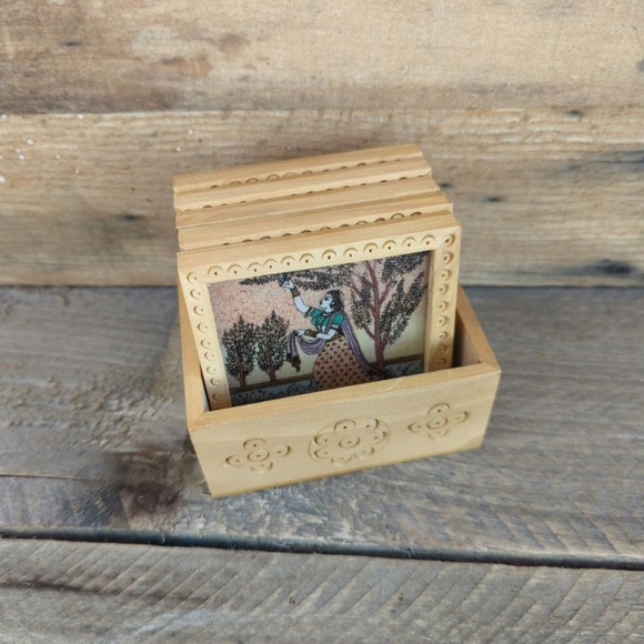 Vintage Set of Five Rajasthan Wood and Glass Coasters - Picture 3 of 11